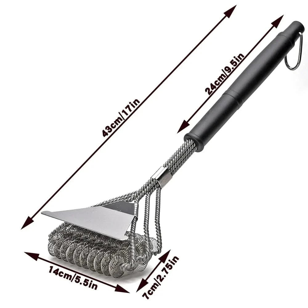 Grill brush dimension diagram showing a 43-centimeter length and 14-centimeter head.