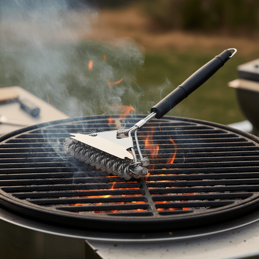 Type B bristle-free grill brush displayed on a wooden outdoor table.