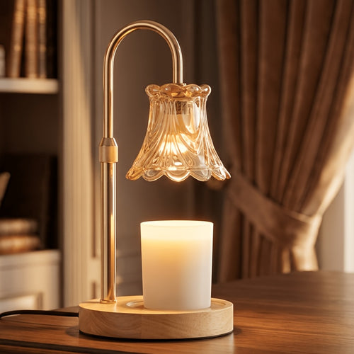 Candle warmer lamp with amber flower shade and wood base on a table.