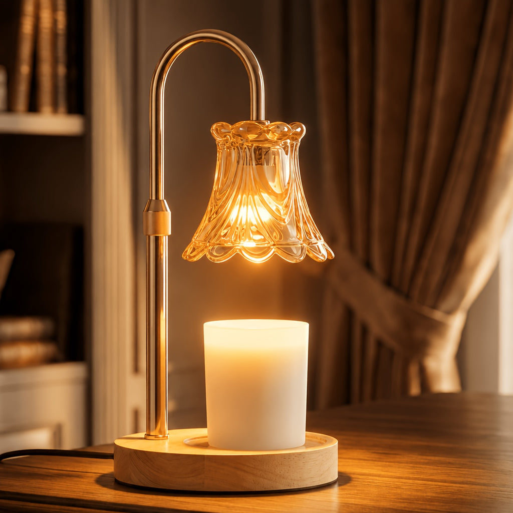 Amber flower shade candle warmer lamp illuminating a jar candle beside curtains.