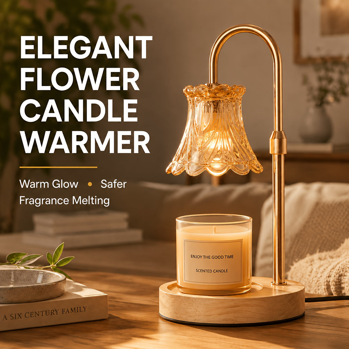 Amber flower shade candle warmer lamp with supplier feature text.