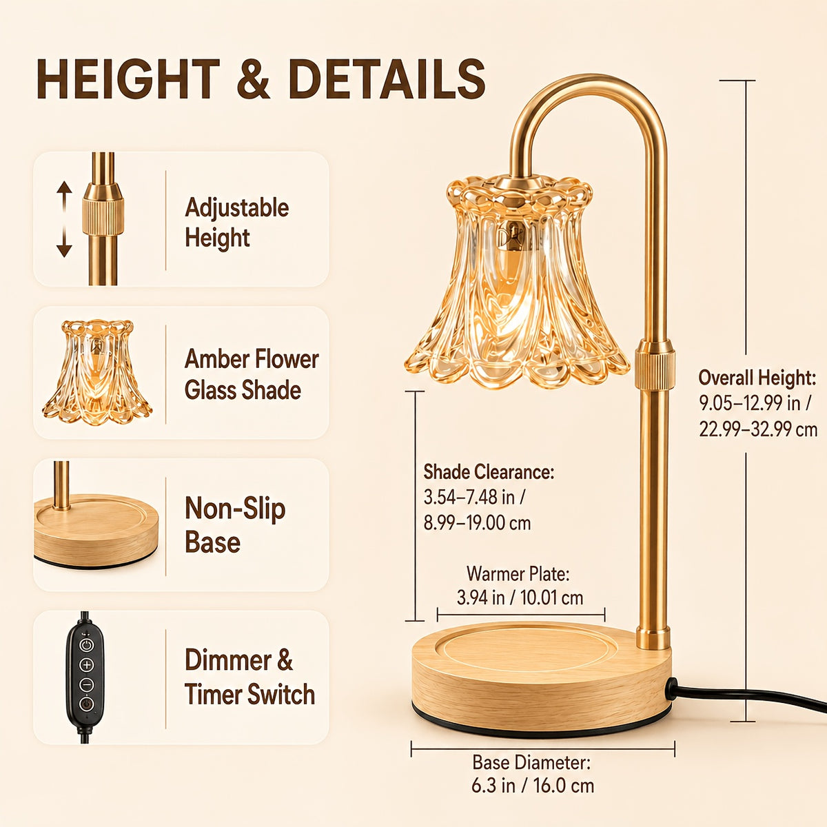 Amber flower shade candle warmer lamp with height, base and control detail illustrations.