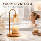 Amber flower shade candle warmer lamp beside a bathtub.