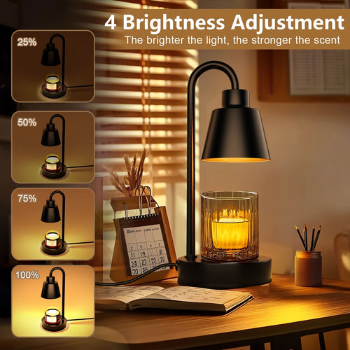 Black candle warmer lamp with four brightness settings illustrated.