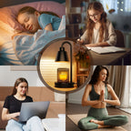 Black candle warmer lamp shown with bedroom, reading and exercise scenes.