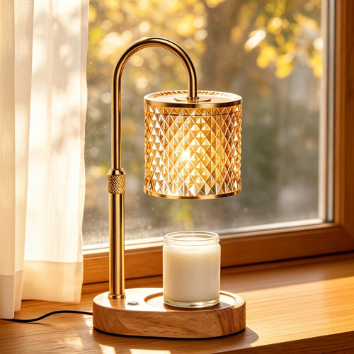 Gold candle warmer lamp with crystal glass shade and wood base beside a window.
