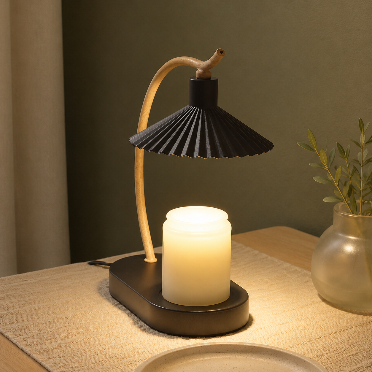 Black candle warmer lamp in a three-quarter view above a glowing jar candle on a pale wood table.