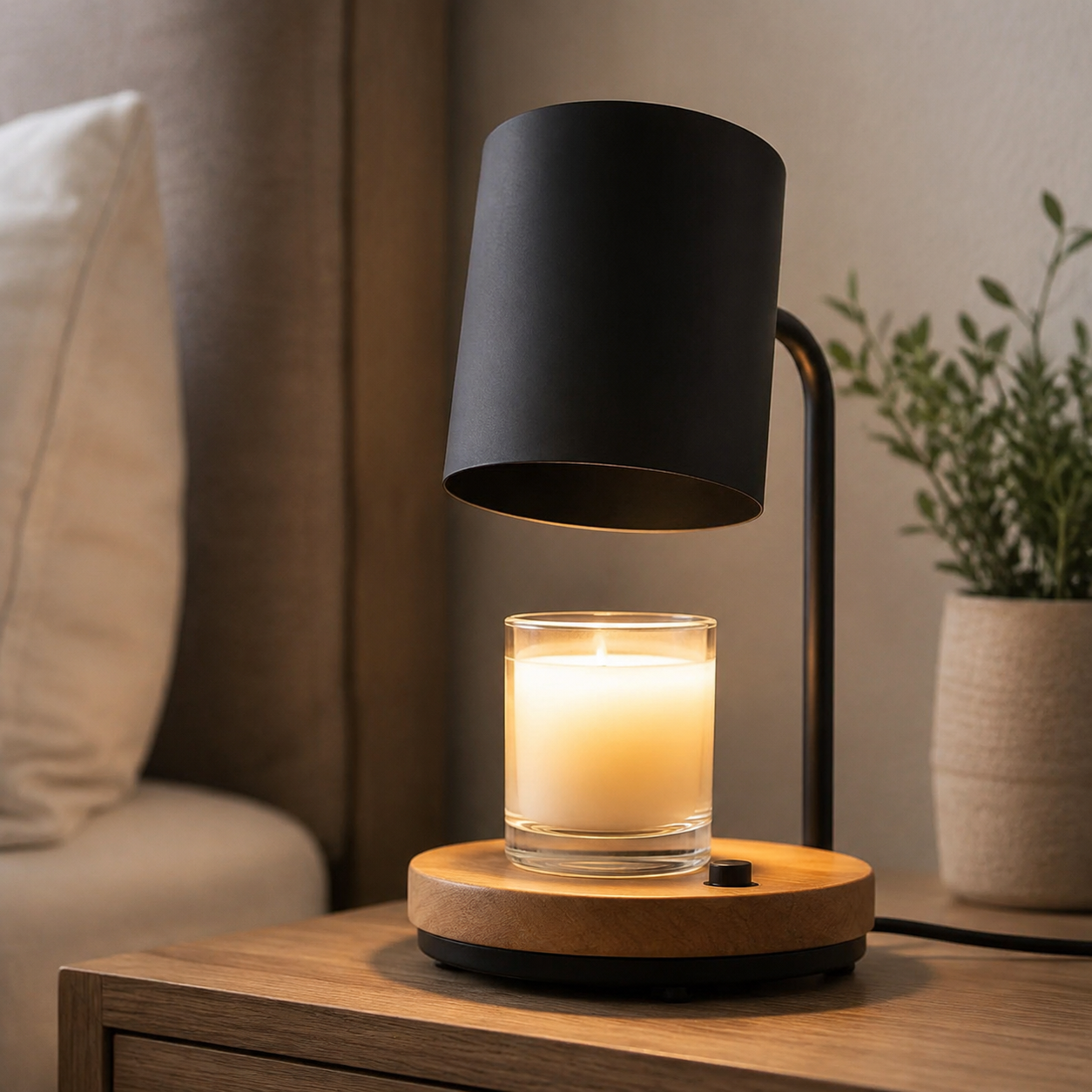Close view of black cylindrical candle warmer lamp shade.