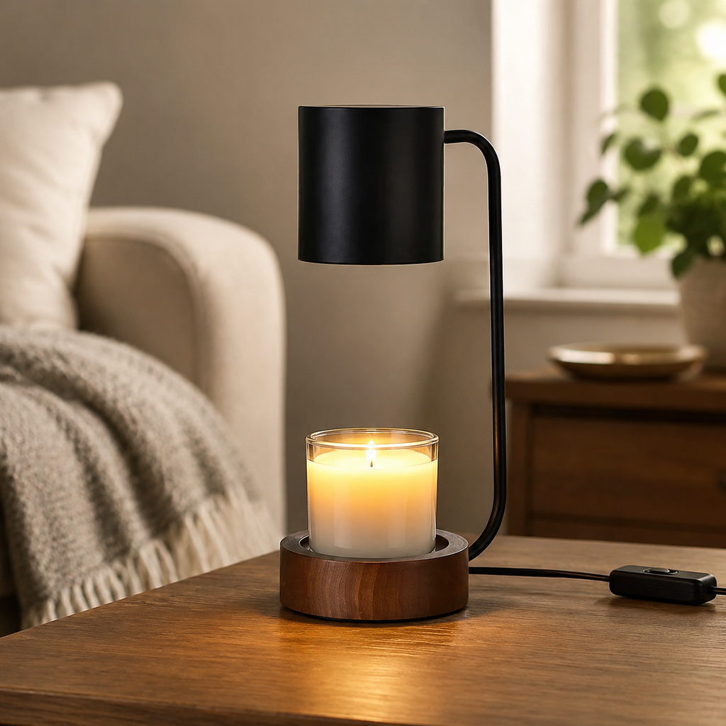 Black candle warmer lamp isolated with round wood base.