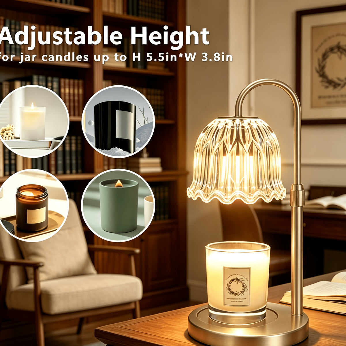 Flower shade candle warmer lamp with height adjustment and candle size illustrations.
