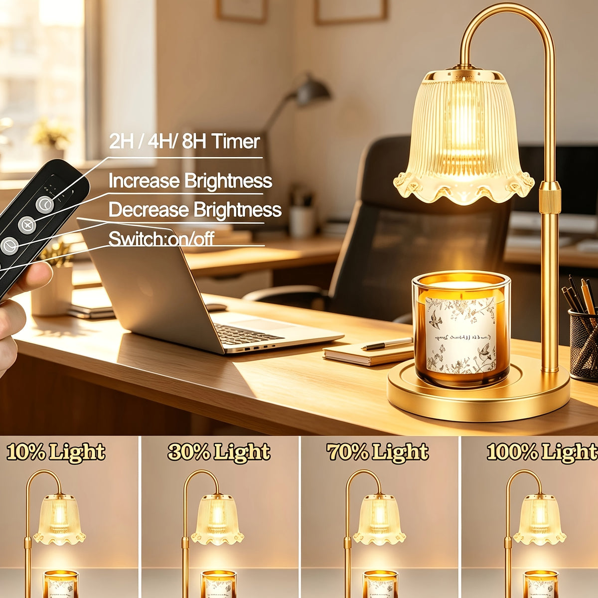 Flower shade candle warmer lamp with timer and four brightness control illustrations.