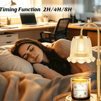 Flower shade candle warmer lamp beside a sofa with timer settings illustrated.