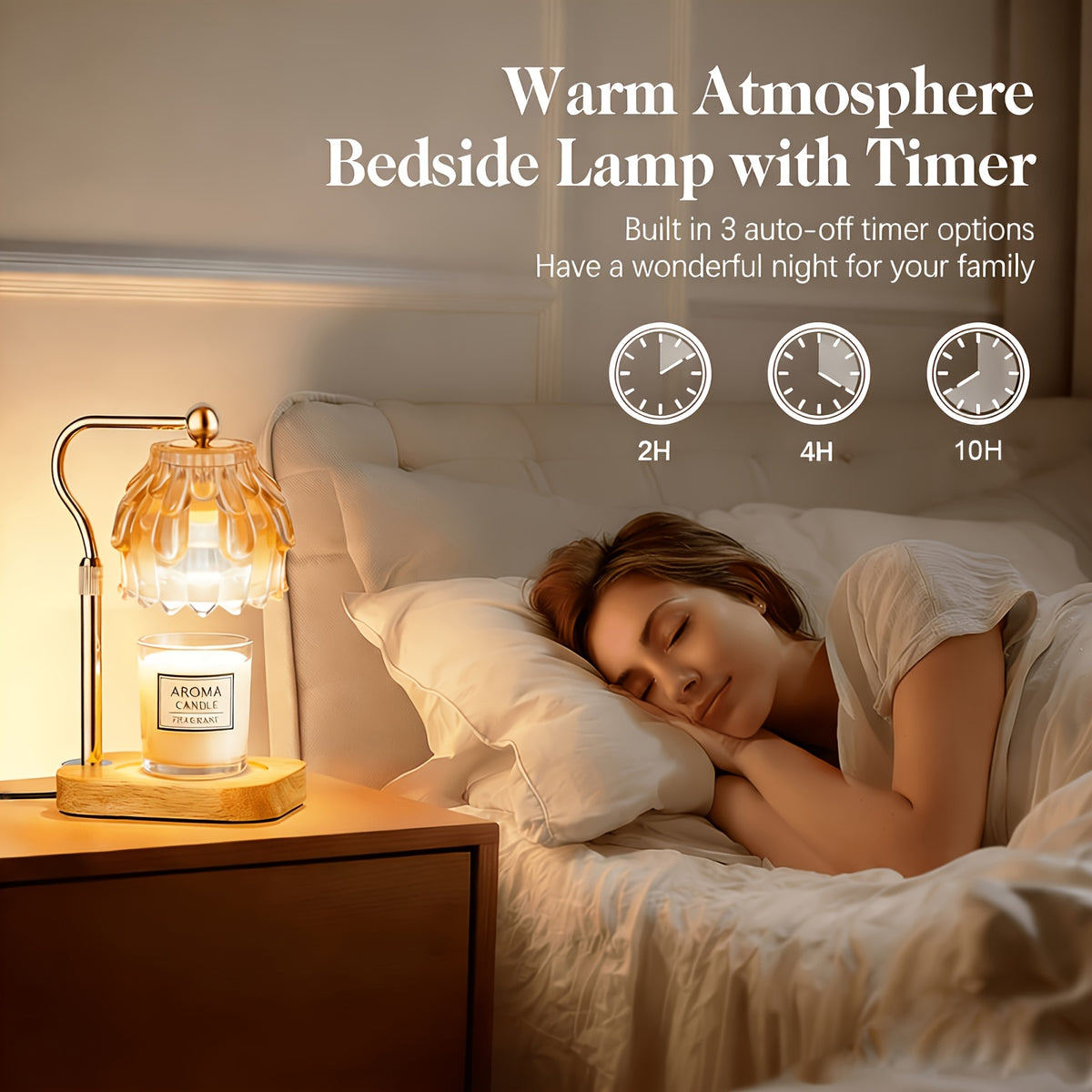 Gold glass candle warmer lamp beside a bed with timer graphics.