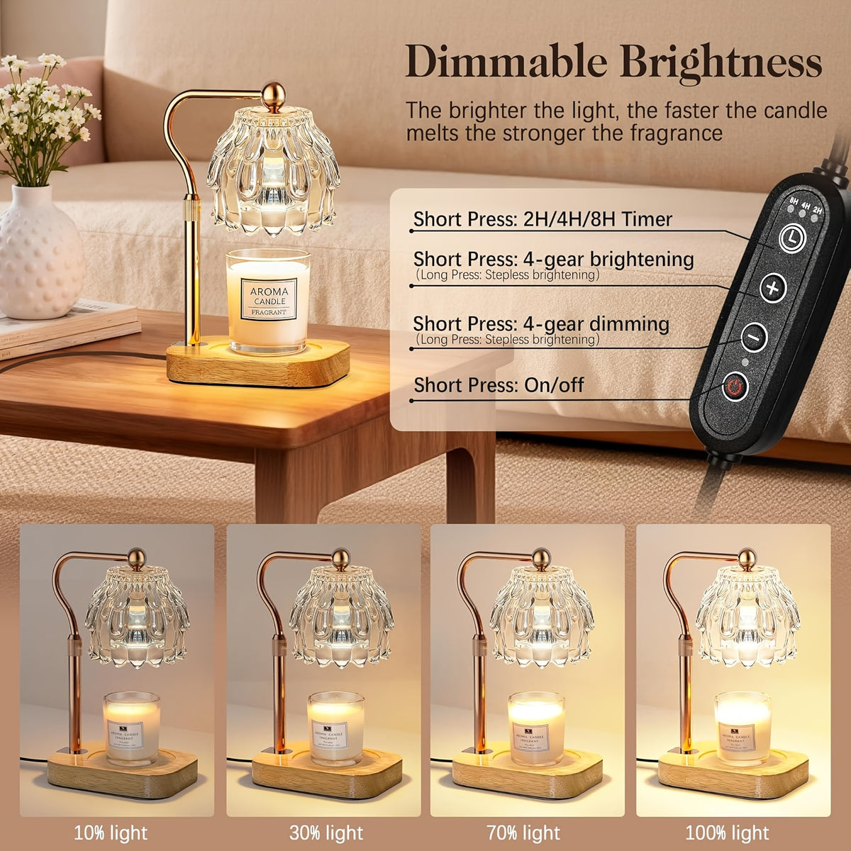 Gold candle warmer lamp with inline dimmer and four brightness illustrations.