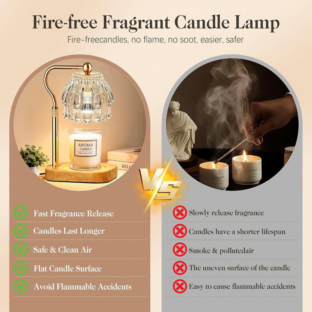 Gold candle warmer lamp with supplier comparison graphics.