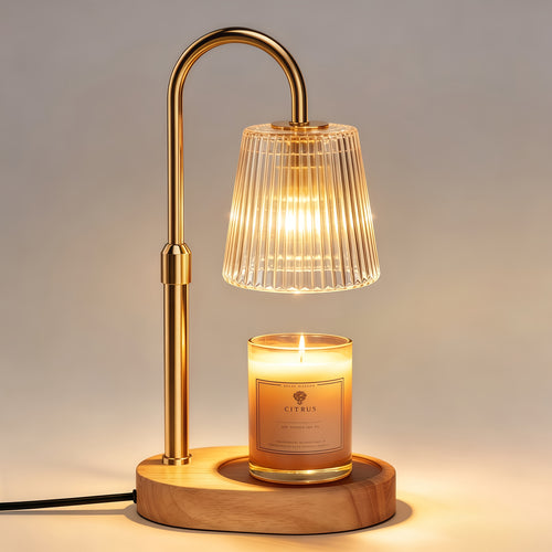 Candle warmer lamp with a textured hat shaped shade and wood base on a table.