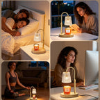 Candle warmer lamp shown in four bedroom and living room scenes.
