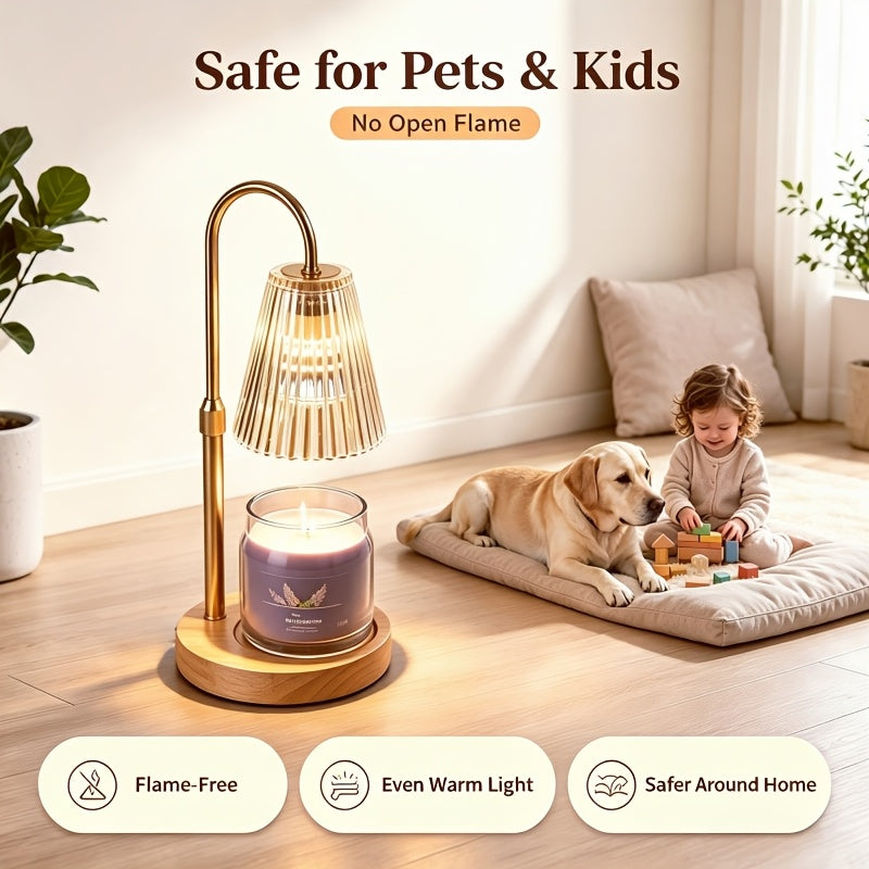 Candle warmer lamp beside a child and dog with supplier feature text.