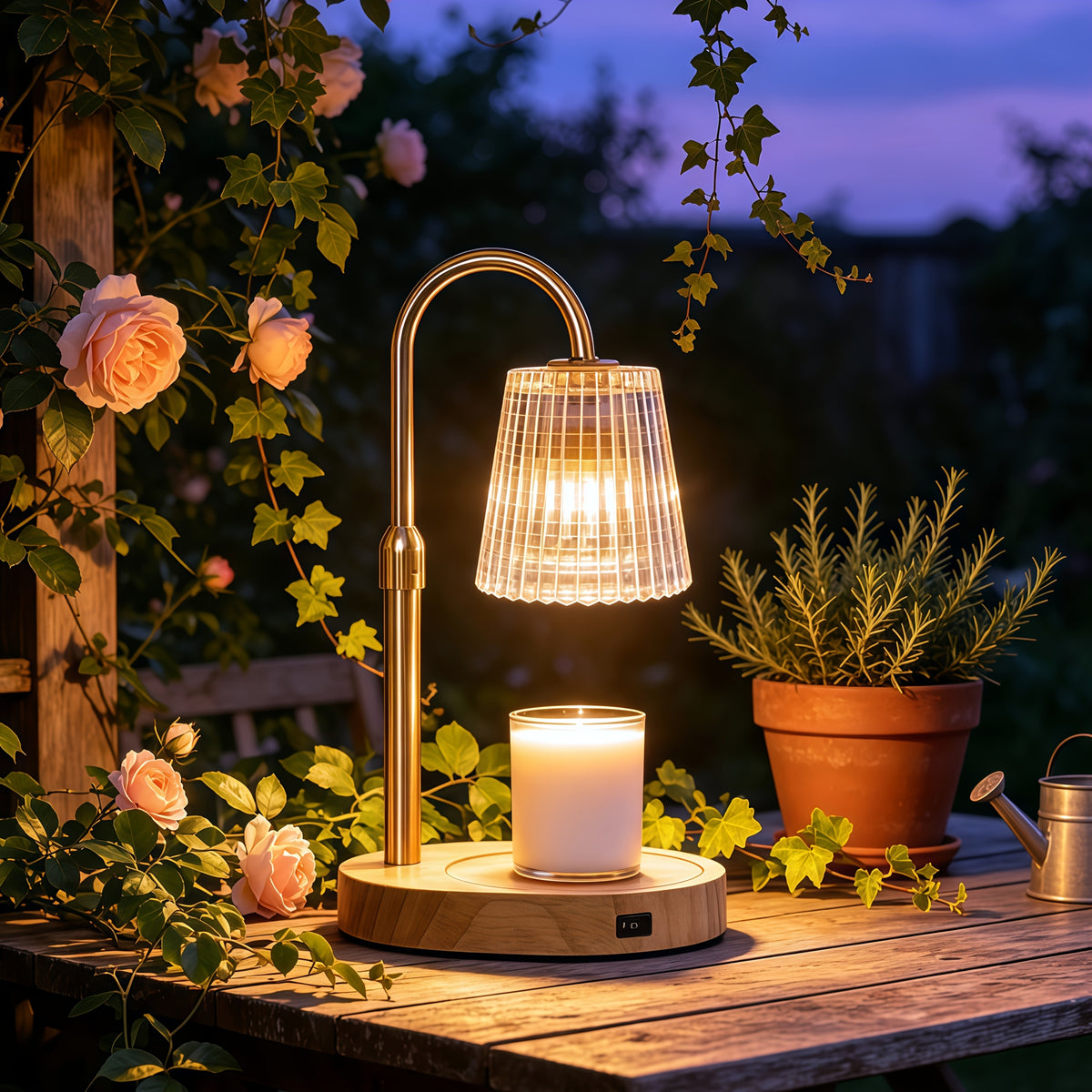 Candle warmer lamp glowing on a table beside plants and flowers.