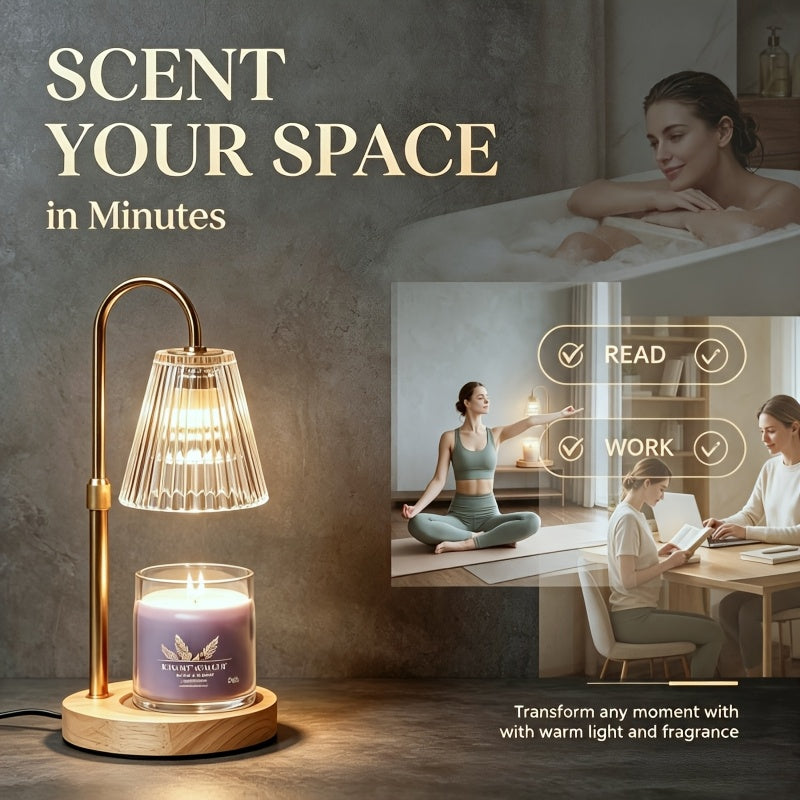 Candle warmer lamp shown with reading, bathing and working scenes.