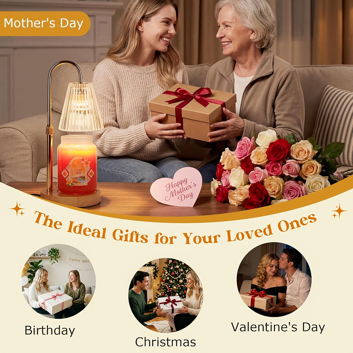 Candle warmer lamp beside two women exchanging a wrapped gift.