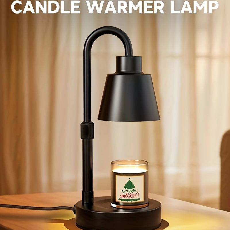 Black candle warmer lamp on a round base in front of soft curtains.