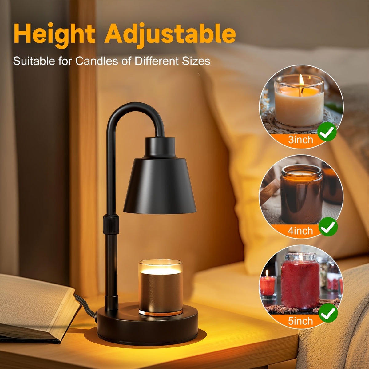 Candle warmer lamp with adjustable height shown beside three jar candle sizes.