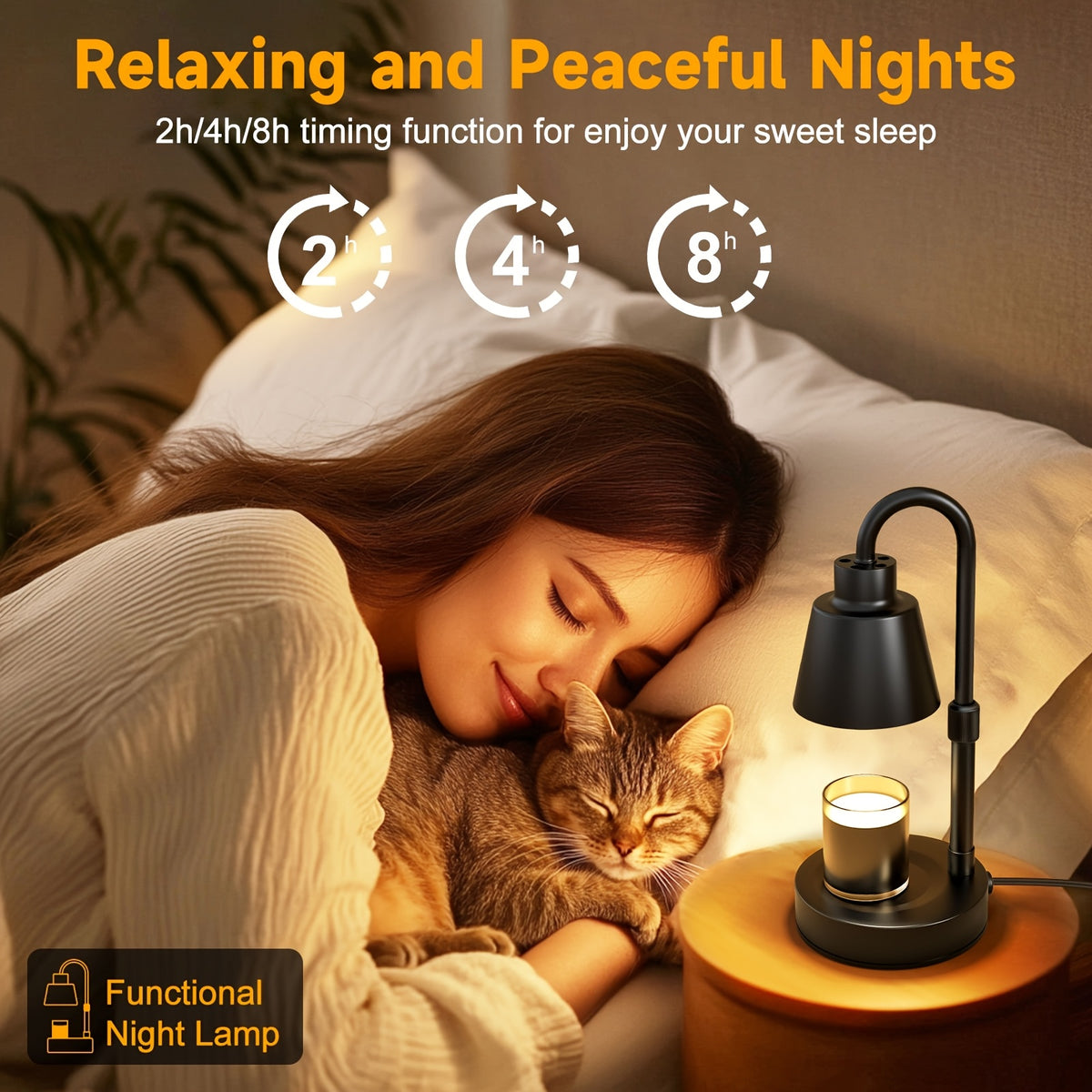 Candle warmer lamp beside a bed with its timer settings illustrated.