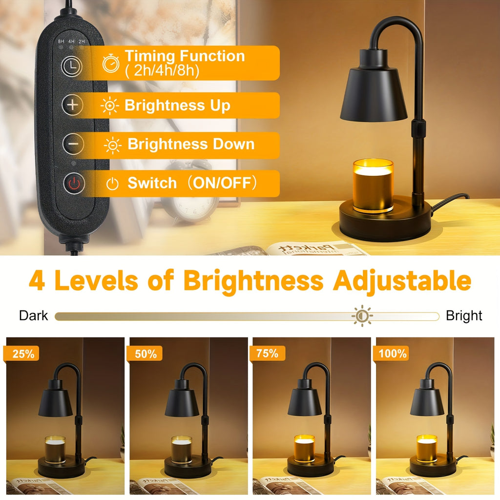 Candle warmer lamp with inline controls and four brightness settings illustrated.
