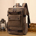 Blue canvas backpack in a furnished room
