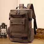 Blue canvas backpack in a furnished room