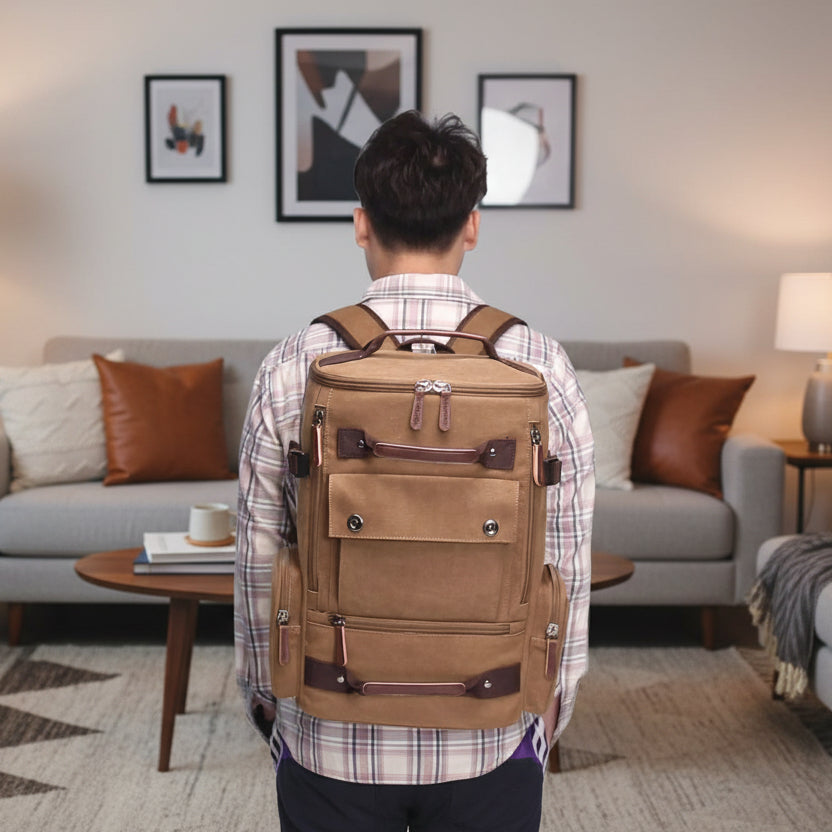 Coffee brown canvas backpack displayed indoors
