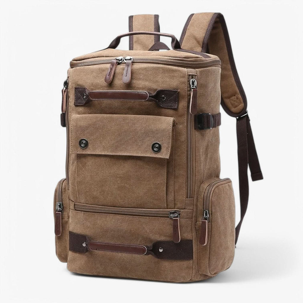 Khaki canvas backpack worn from the back