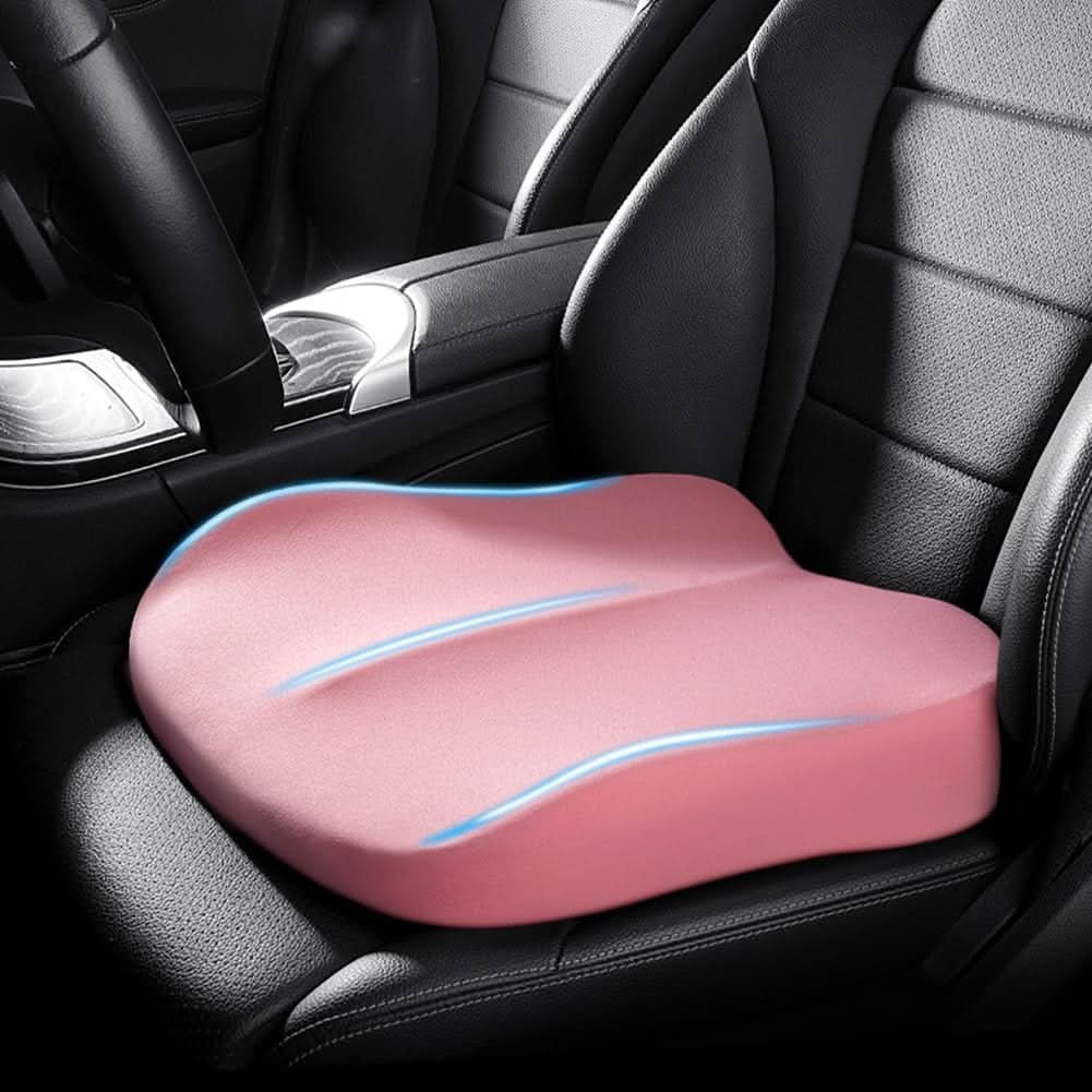 Gray tapered memory foam car seat booster cushion installed on a car seat