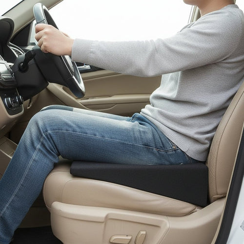 Driver seated on a black wedge cushion in a beige vehicle interior.