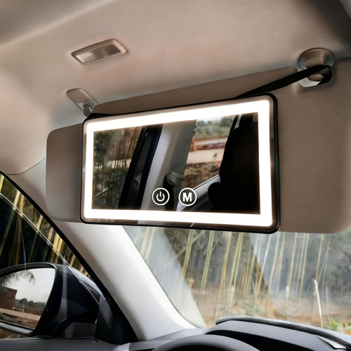Black car visor makeup mirror mounted with adjustable straps