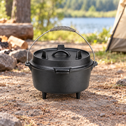 Black 4 quart camping Dutch oven with fitted lid