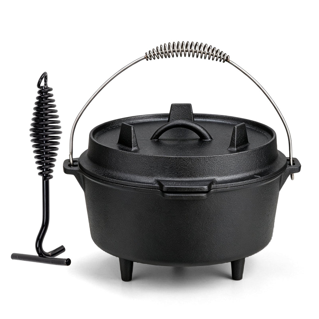 Black cast iron camping Dutch oven with bail handle and separate lid lifter