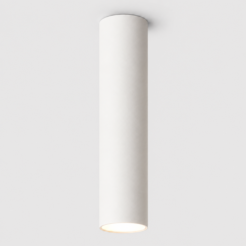 White ceiling spotlight shown on a light gray background with warm downward illumination.