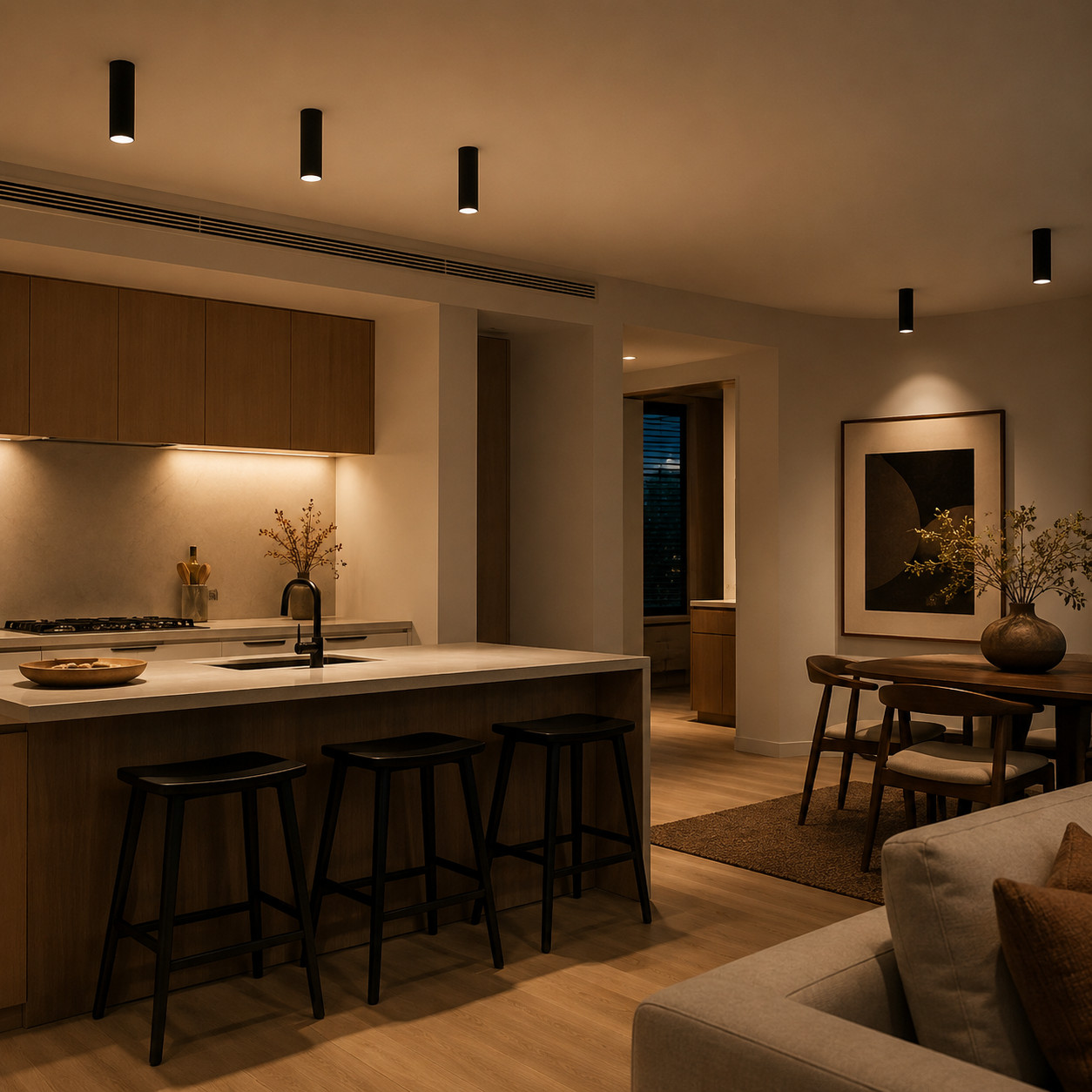 Black ceiling spotlight illuminating a warm modern kitchen and dining area.