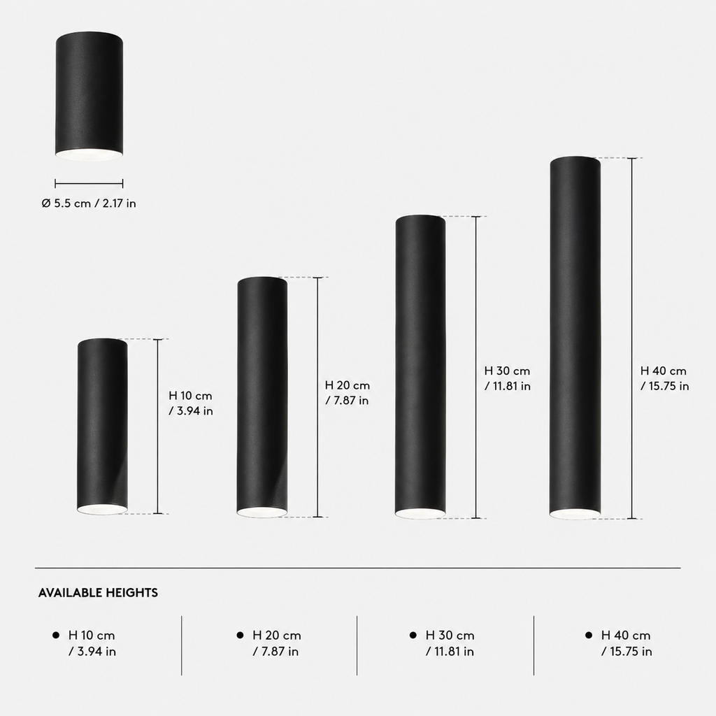 Ceiling spotlight size chart showing four cylindrical body lengths in black.