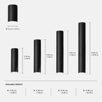 Ceiling spotlight size chart showing four cylindrical body lengths in black.