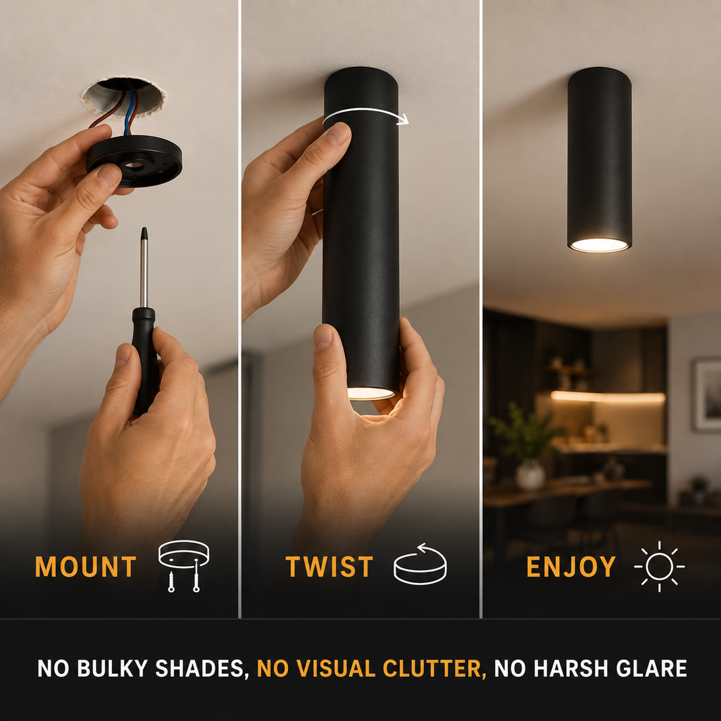 Three-panel setup graphic showing hands installing the black ceiling spotlight.
