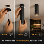 Three-panel setup graphic showing hands installing the black ceiling spotlight.