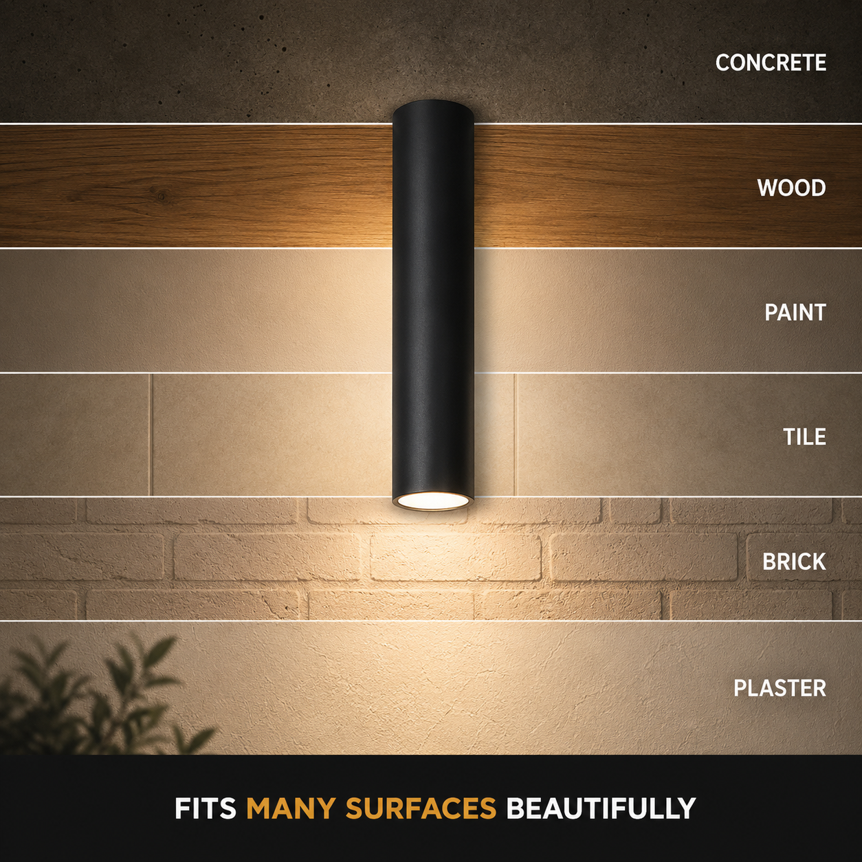 Black ceiling spotlight displayed against horizontal bands of warm and neutral light.