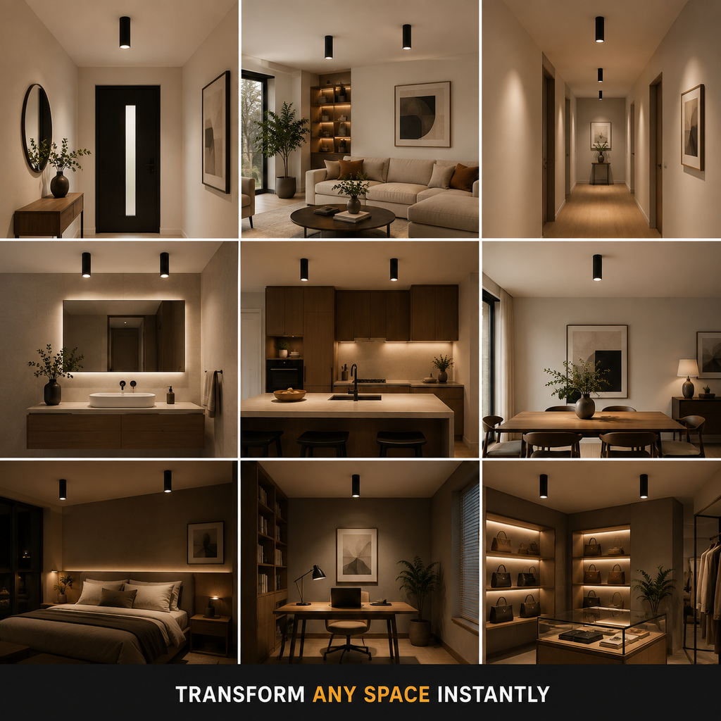 Ceiling spotlight shown across nine interior settings, including kitchens, halls, and display areas.
