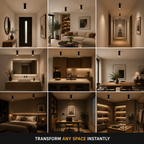Ceiling spotlight shown across nine interior settings, including kitchens, halls, and display areas.