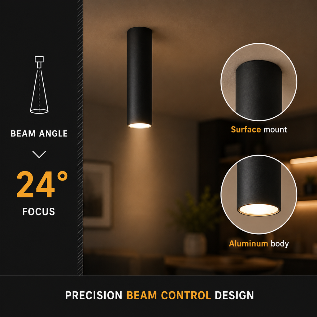 Ceiling spotlight detail graphic showing a 24-degree beam and close-ups of the cylindrical housing.