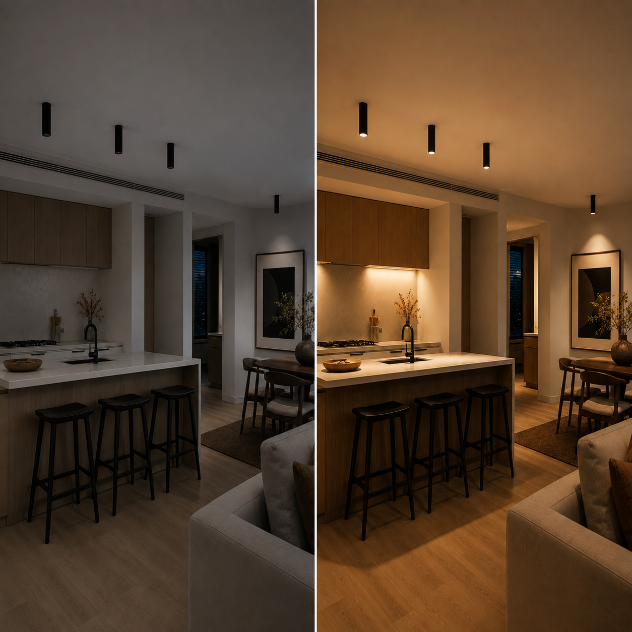 Split room comparison showing the ceiling spotlight switched off and on in a kitchen.