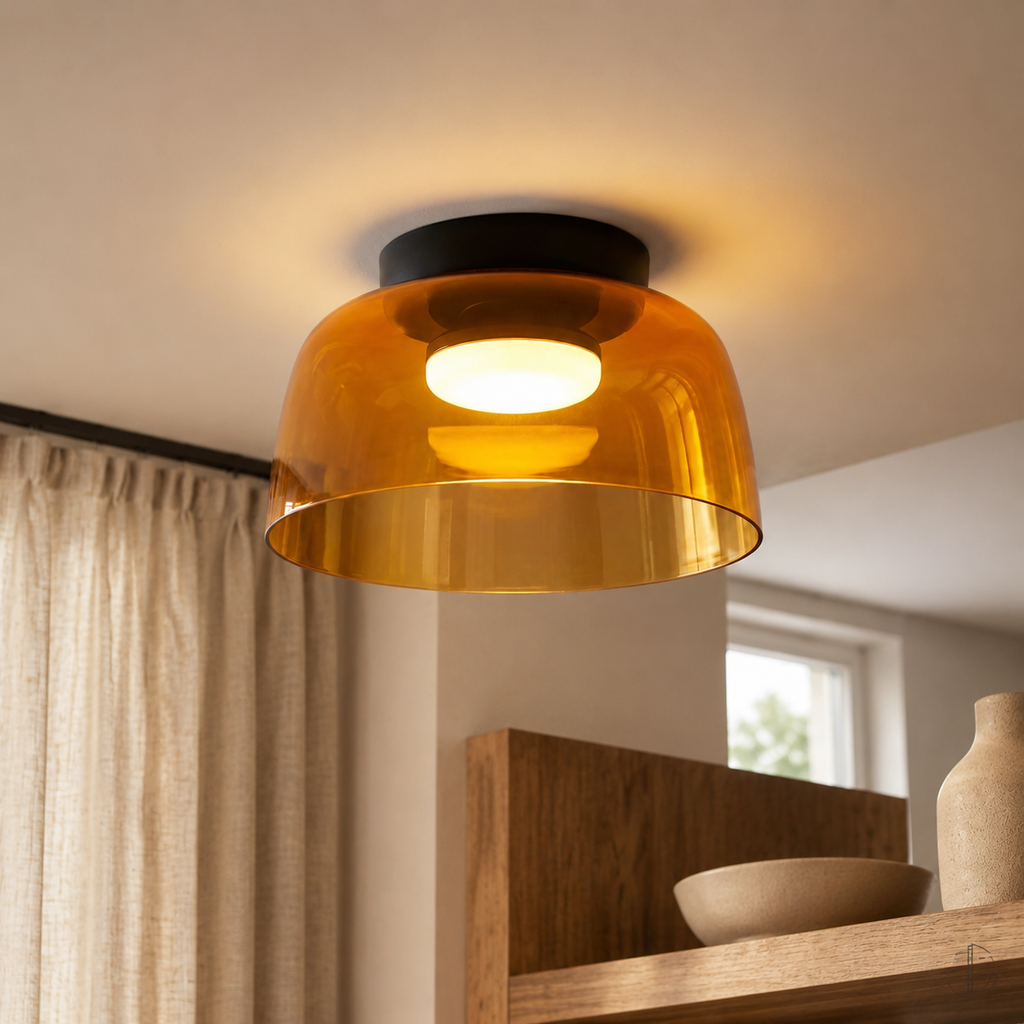 Orange smoked glass ceiling light glowing above a modern wood shelf.